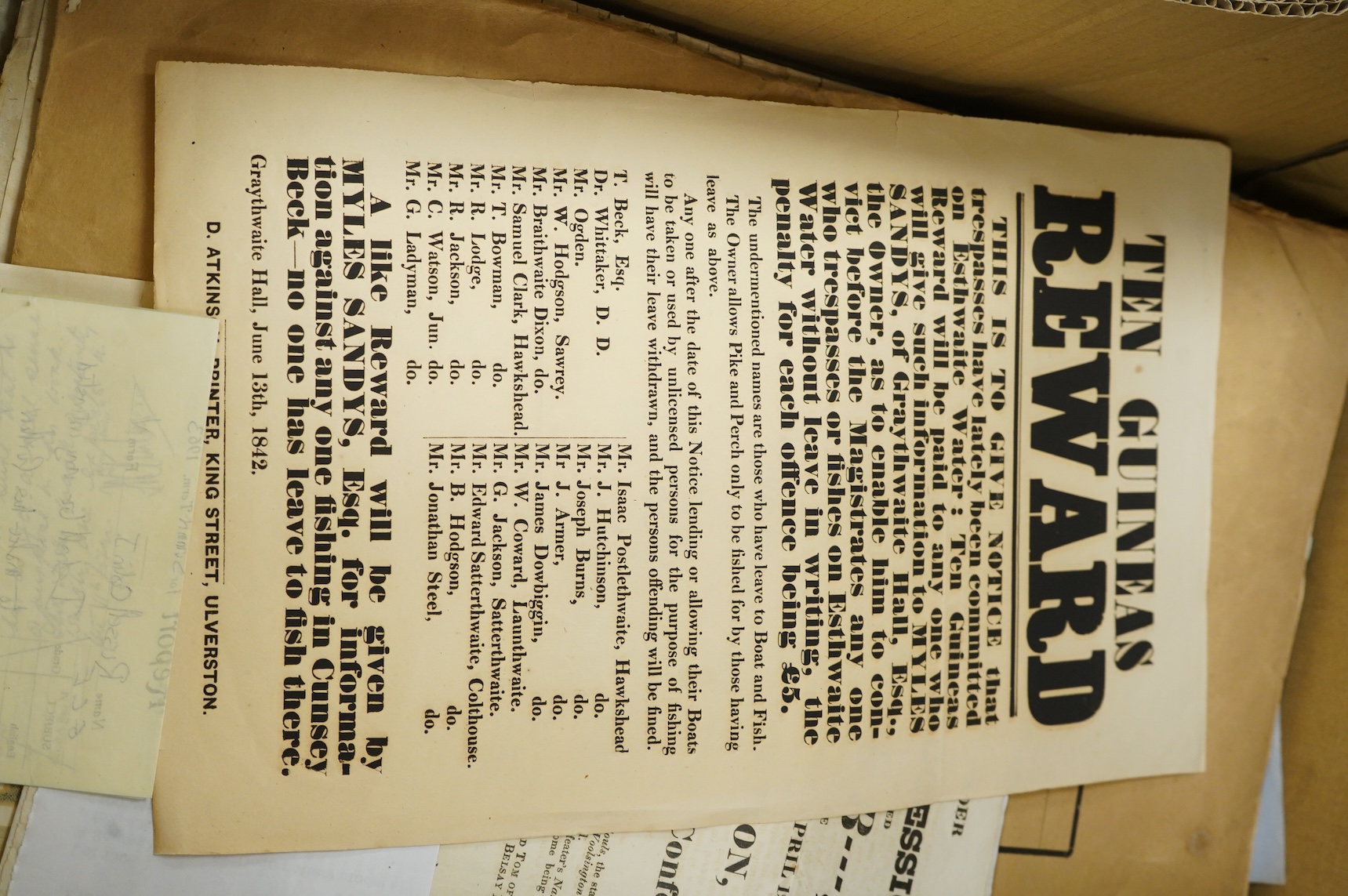 Ephemera - a miscellany, includes The New House Estate (Lawshall, nr. Bury St. Edmunds), conditions of sale, (4pp.), 1838; Trespass/Fishing warning broadside, Esthwaite Water and Cunsey Brook (Myles Sandys, Esq. Ulverton